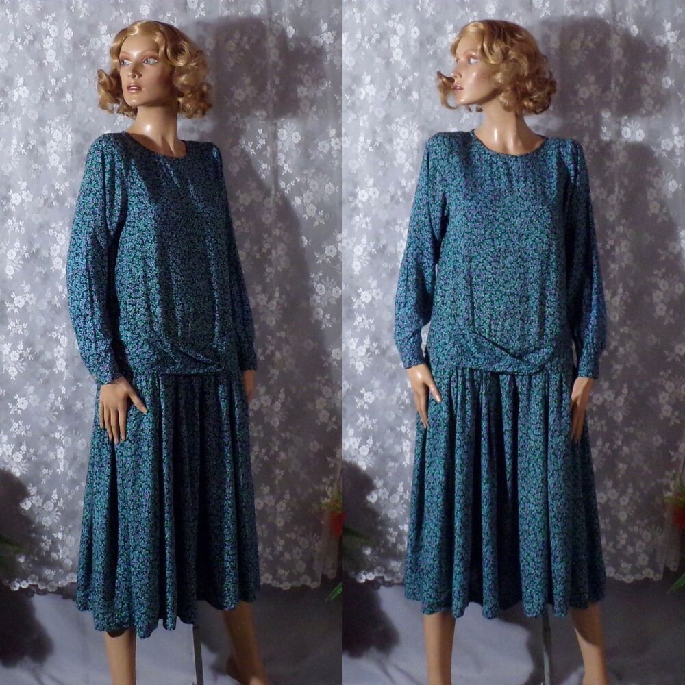 Vintage 90s Floral Rayon Dress Size Medium 1990s Retro Boho Drop Waist 20s Style